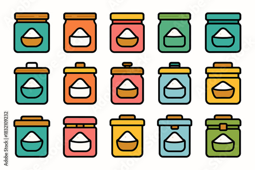 Colorful pattern of sugar containers in various shapes and colors