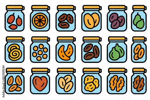 Colorful jars of dried fruits and nuts in a grid pattern