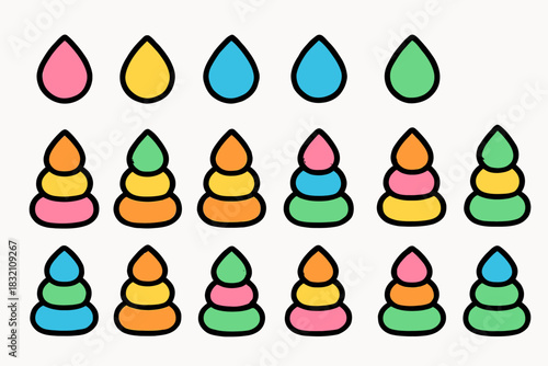 Colorful geometric shapes and layered cones in pastel palette