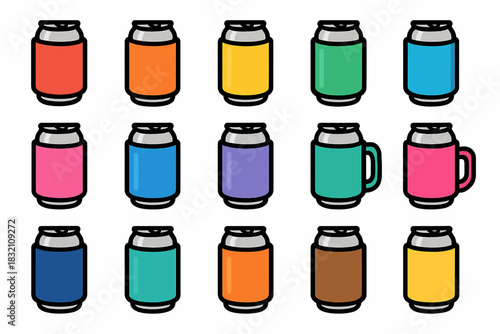Colorful beverage cans with different holders arranged in grid format