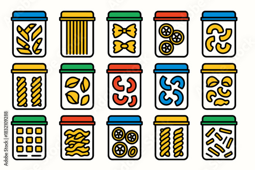 Colorful variety of pasta in containers with bold outlines and simple icons