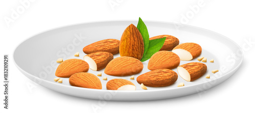 Almond on a white porcelain plate isolated on white background. Peeled dried or fried nuts. Almond kernels are ripe and tasty, a source of protein. Realistic 3d vector illustration.