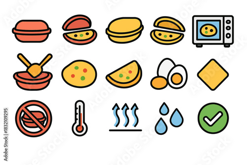 Icon set of cooking and kitchen symbols with food and appliances