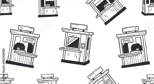A pattern of hand-drawn vendor kiosks and market stands in black and white outline vector style, perfect for urban design projects