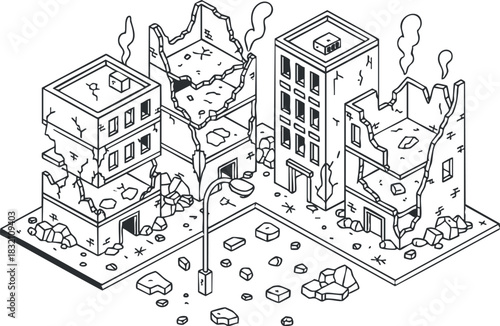 A set of damaged and ruined buildings in a monochrome outline vector style, ideal for disaster-related projects or urban design concepts