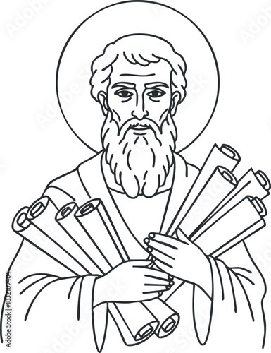 A saint holding scrolls in outline vector style, suitable for religious illustrations and spiritual contexts