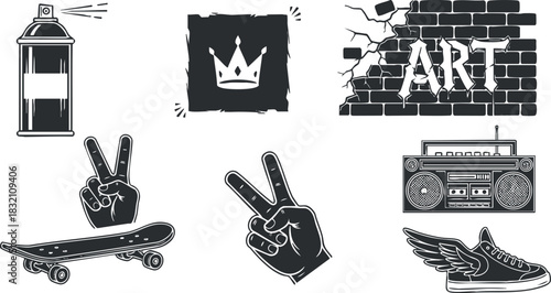 A collection of urban art elements including a skateboard, peace sign hands, graffiti wall, and boombox in black and white vector style, ideal for streetwear design and creative projects