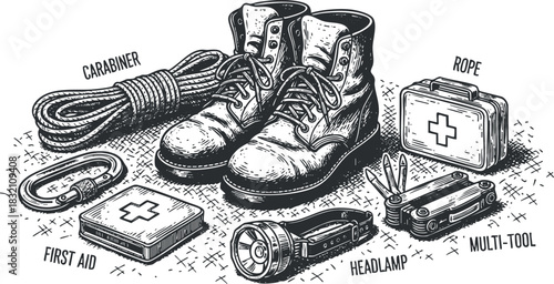A collection of hiking gear including boots, rope, carabiner, flashlight, headlamp, multi-tool, and first aid kit in detailed vintage illustration style, ideal for outdoor adventure and safety.