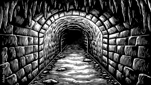 narrow stone tunnel with cold reflective walls black and white, dripping textures, heavy shadows, and a chilling echo enhancing the underground environment