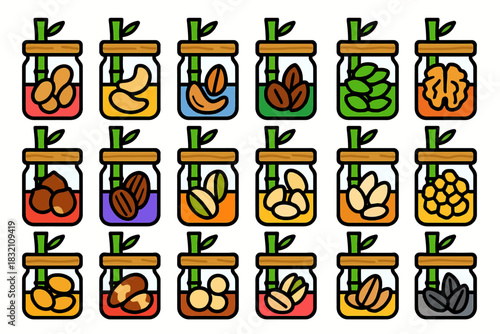 Colorful assortment of nuts and seeds in jars with vibrant backgrounds