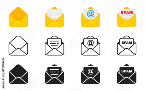 Mail icon set. Email icon. New message. Opened and closed envelope. Letter in envelope. Vector illustration.
