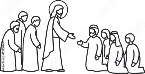 A line art illustration of Jesus reaching out to a group of followers in minimalist style, suitable for religious themes and faith-based projects