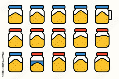 Collection of yellow jars with different lid colors in grid pattern