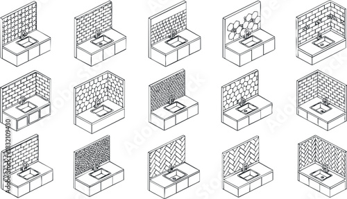 A collection of various kitchen sink designs and layouts in clean outline vector style, ideal for interior design projects