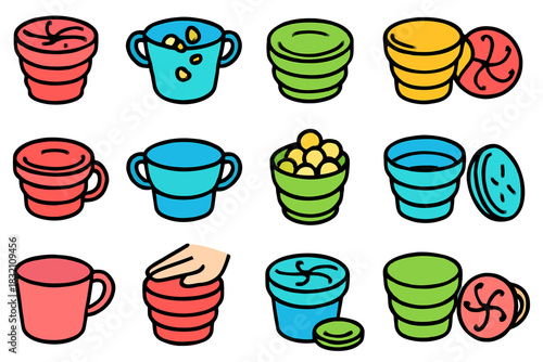 Colorful collection of reusable containers and lids for food storage