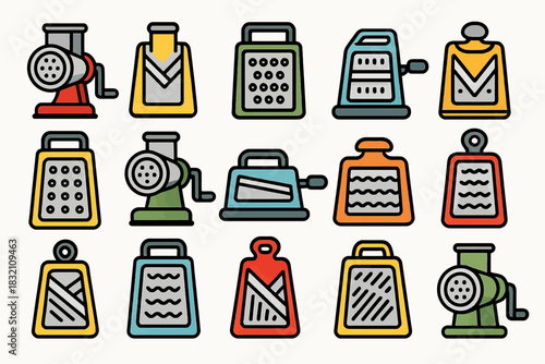 Colorful collection of retro kitchen graters and meat grinders in various designs and styles