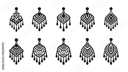 Ten black silhouette earrings with intricate designs on white background