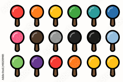 Colorful lollipop icons with wooden sticks on white background