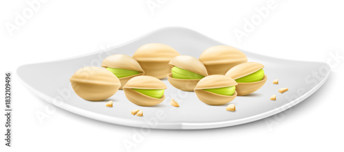 Pistachios on a white porcelain plate isolated on white background. Natural organic food. Realistic nuts. pistachio kernels are ripe and tasty, a source of protein. 3d vector illustration.