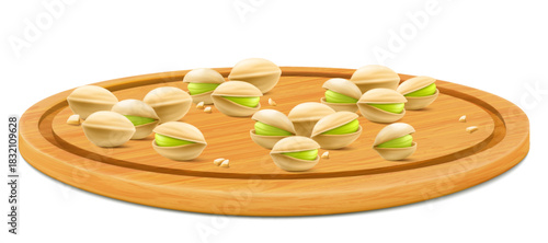 Pistachios on a wooden tray or cutting board. Pistachios in shell isolated on white background. Realistic nuts. Pistachios kernels are ripe and tasty, a source of protein. 3d vector illustration.