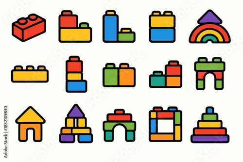 Colorful building block icons in various shapes and configurations