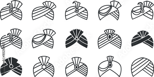 A collection of various turban designs in black and white minimalist vector style, ideal for cultural and fashion projects