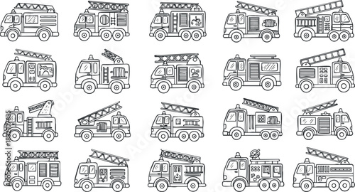 A collection of various fire trucks in black and white outline vector style, perfect for emergency service illustrations