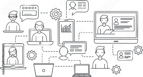 A line art illustration of remote teamwork and communication with laptops, monitors, and connected people, in minimalist vector style, ideal for business and technology applications
