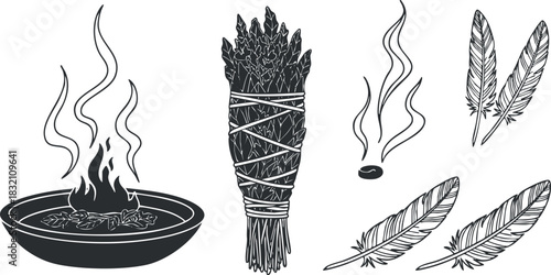 A collection of cooking elements including a bowl of steaming food, a bundle of asparagus, and feathers in black and white vector style, ideal for culinary design projects