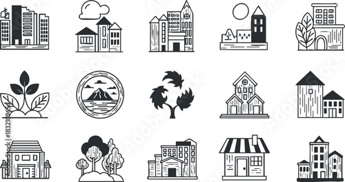 A collection of urban and rural landscape icons in black and white minimalist vector style, suitable for environmental design and urban planning