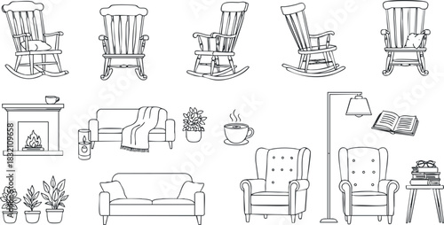 A collection of cozy furniture elements including rocking chairs, sofas, lamps, and plants in minimalist line art vector style, perfect for interior design projects