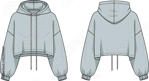 Women's grey cropped hoodie technical drawing, oversized sweatshirt vector sketch with front and back views for fashion design templates.