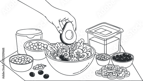 A hand adding sliced avocado to a bowl of salad with various ingredients in black and white minimalist vector style, ideal for healthy eating promotions