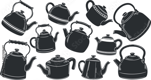 A collection of various kettles and teapots in black and white vector style, perfect for kitchen and culinary designs