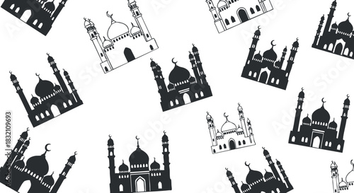 A collection of mosque silhouettes with minarets and domes in black and white vector style, suitable for cultural designs and backgrounds