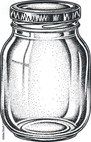 A vintage glass jar with a metal lid in detailed black and white vector style, ideal for food preservation and kitchen design