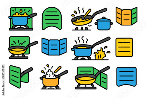 Colorful cooking utensils and recipe icons set for culinary enthusiasts
