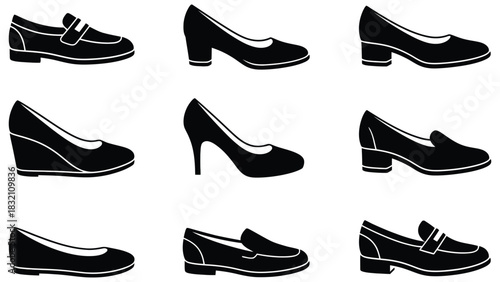 Collection of black silhouette shoes in various styles and heel types