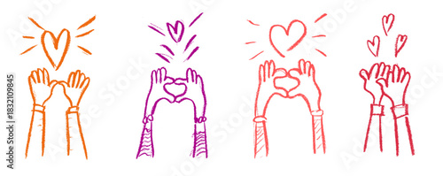 Love Hands Raised Up Crayon Chalk Drawing Doodle Vector Set