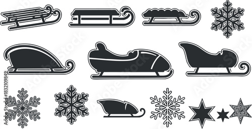 A collection of various sleighs, sleds, snowflakes, and stars in black and white outline vector style, ideal for winter holiday designs