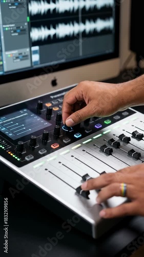 A focused individual manipulates the sliders and dials of a mixing board in a sound studio, recording and editing music. capturing the essence of the sound engineer's creative process.