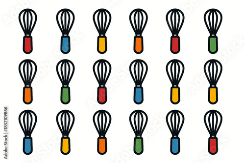 Colorful pattern of whisks with red, blue, orange, and yellow handles