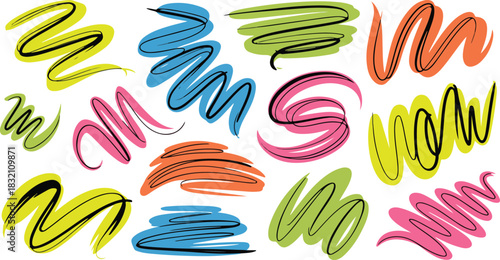 Vibrant hand-drawn wavy scribbles with bold outlines — colorful grunge brush swirls and squiggles isolated on white. Playful childish vector doodles in trendy modern design style