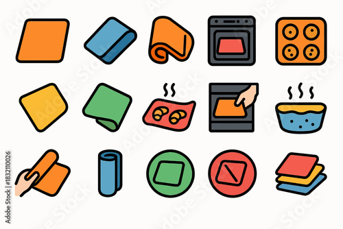 Colorful kitchen icon set featuring ovens, stovetops, napkins, and cooking processes