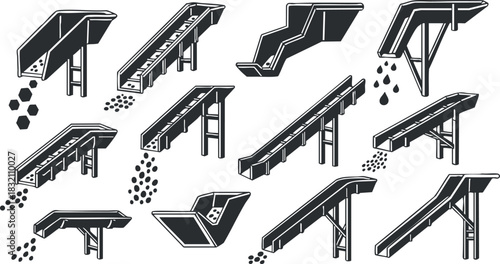 A collection of conveyor belt icons in black and white vector style, suitable for industrial and manufacturing design projects