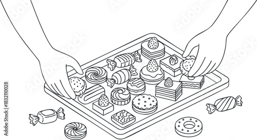 A pair of hands presenting a tray of assorted desserts and sweets in black and white minimalist vector style, ideal for bakery branding