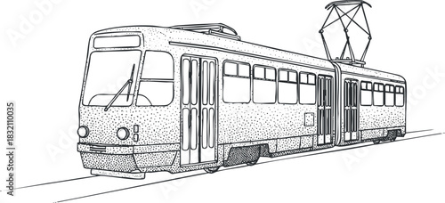 A detailed illustration of a tram in black and white outline vector style, ideal for transport-themed projects and urban designs