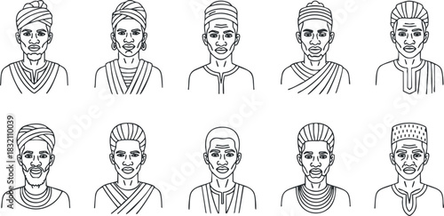 A collection of diverse African cultural portraits in minimalist line art vector style, ideal for educational and cultural projects