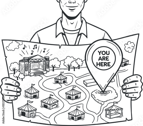 A hand holding a festival map with tents and a marked location in black and white outline vector style, ideal for event planning and navigation