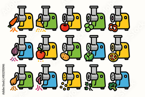 Colorful food grinders with vegetables and fruits in playful icons
